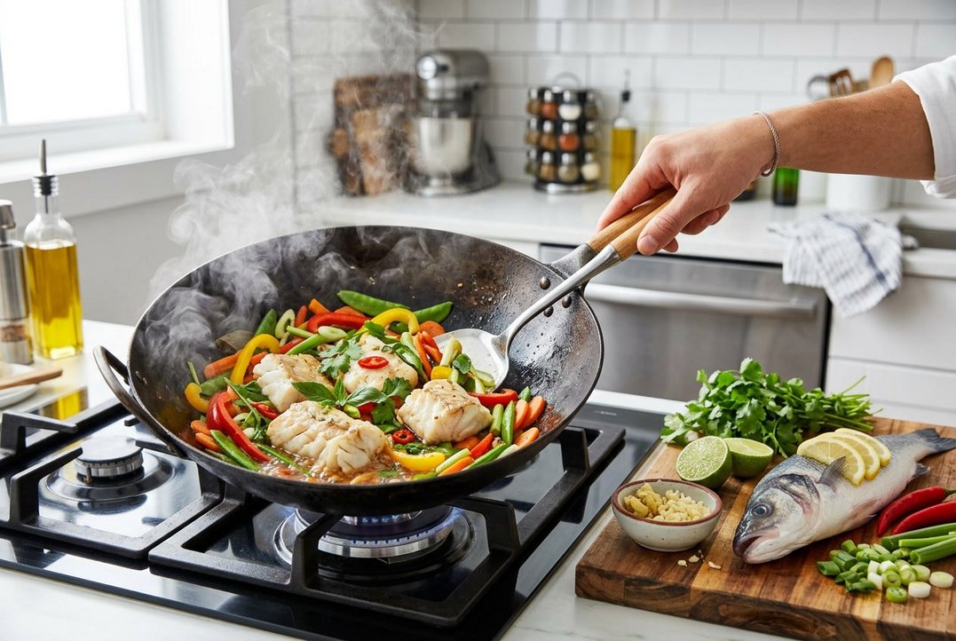 Sådan laver du fisk i wok med friske råvarer